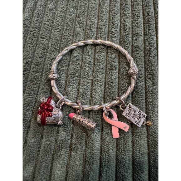 Brighton Charm Bracelet Twisted Bangle Pink Ribbon Lipstick Nurse's Prayer - Picture 1 of 8